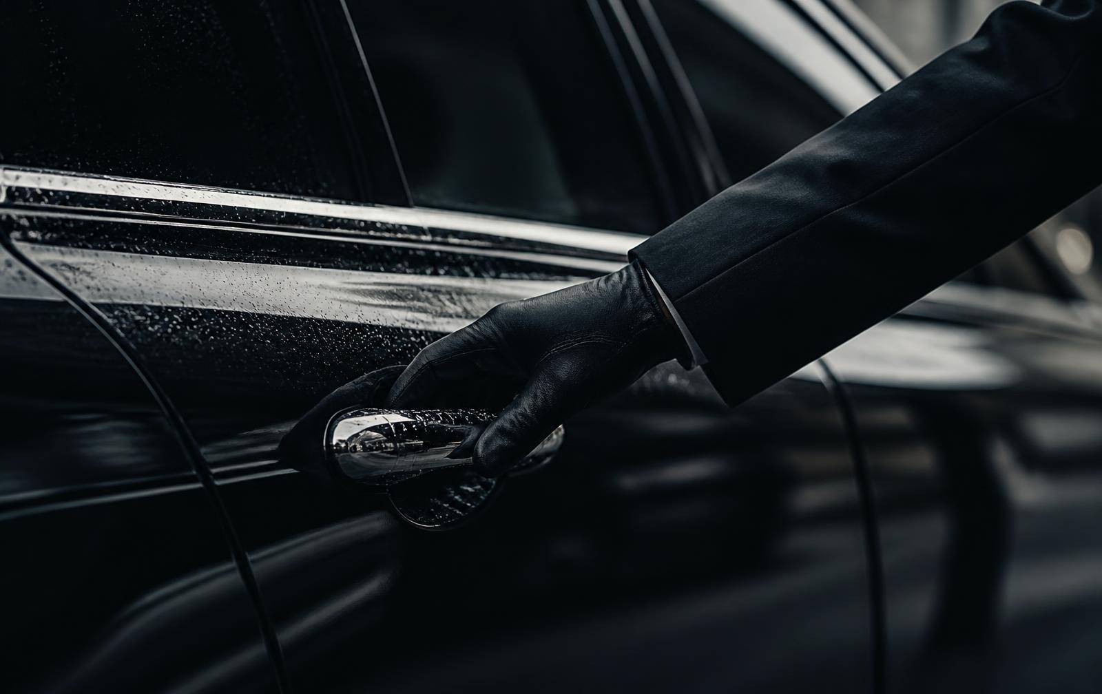 Gloved chauffeur's hand on the door handle of a black luxury sedan