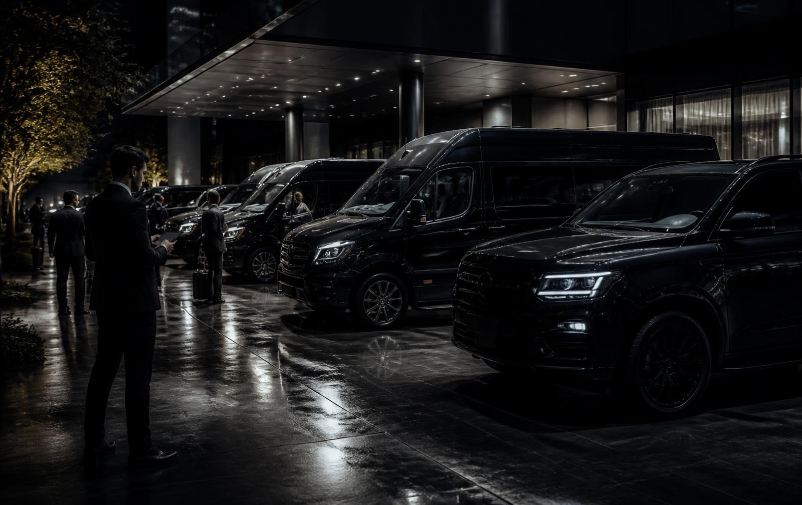 Row of black executive vans and SUVs staged at a hotel entrance for a group movement