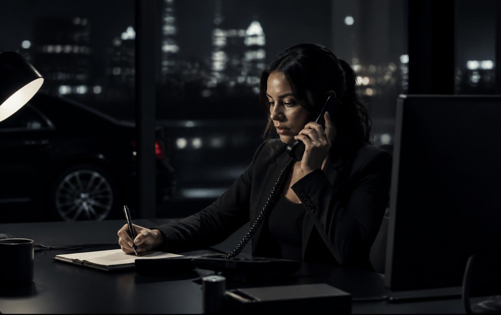 Coordinator taking a call at a dark desk with a city skyline behind