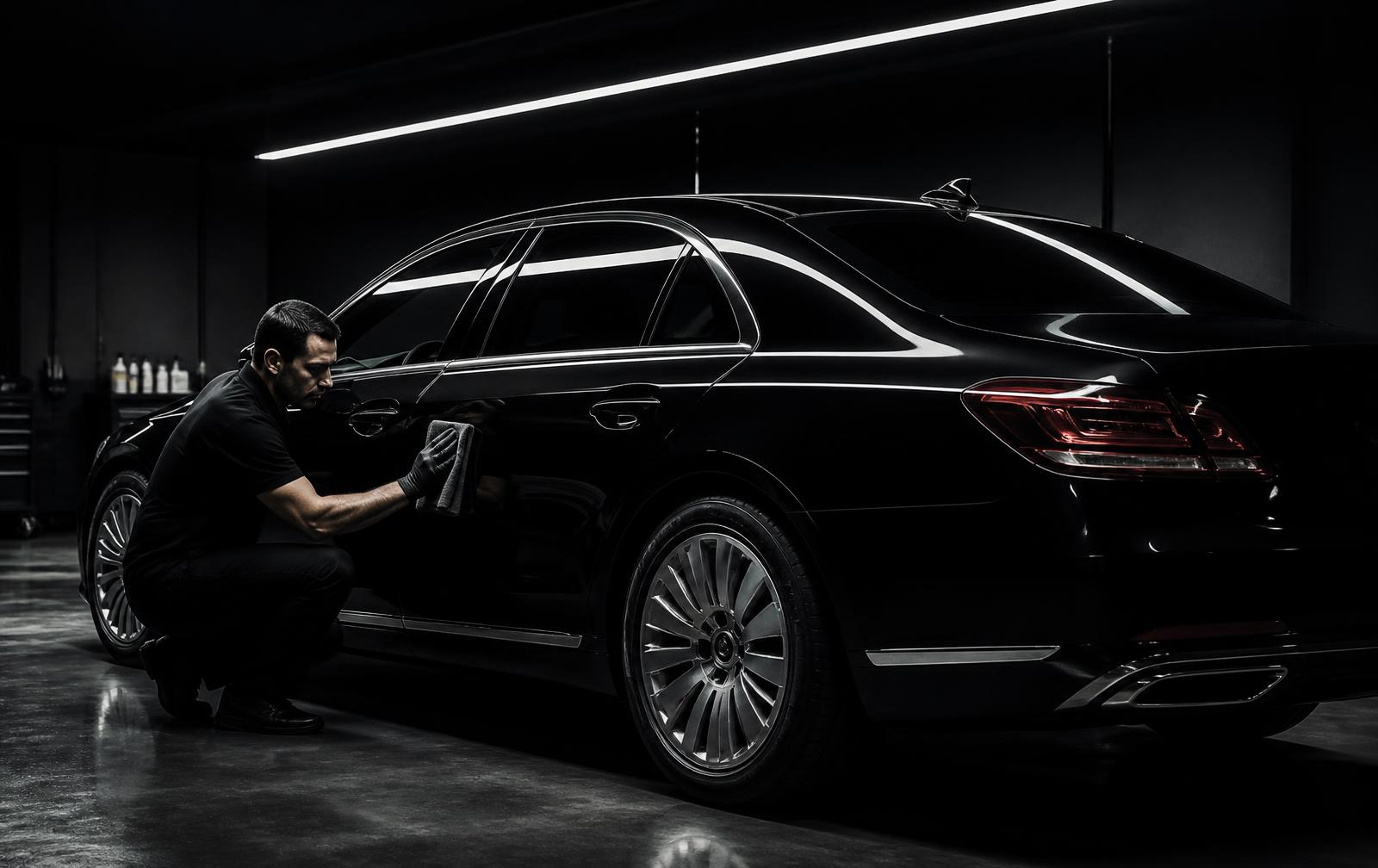 Black executive sedan being detailed in a dark garage before an assignment
