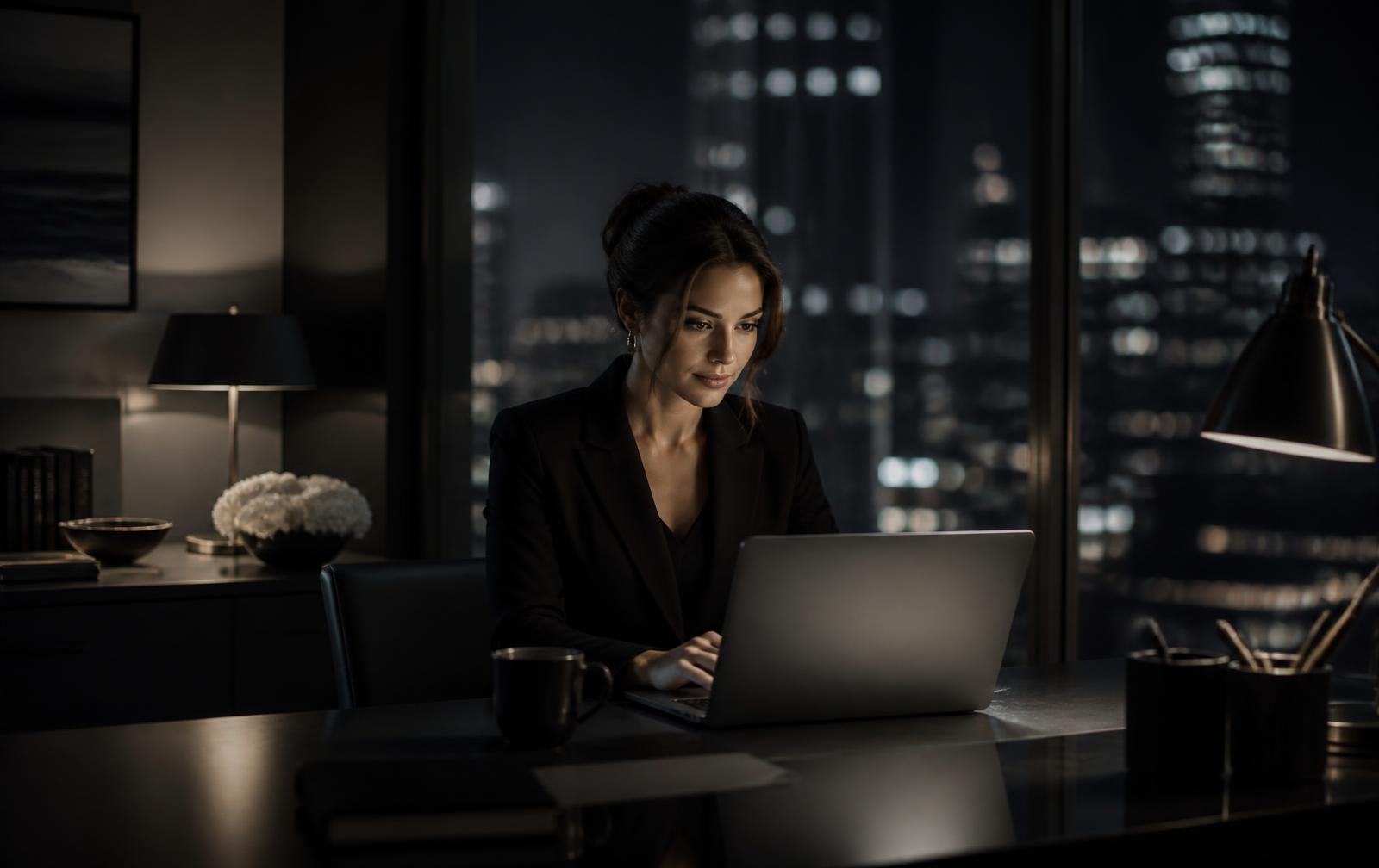 Black executive sedan waiting outside a corporate office tower at night