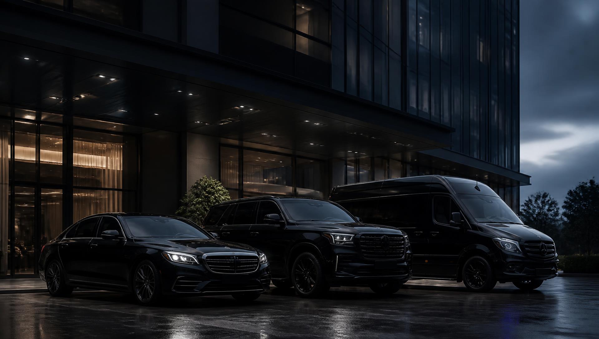 Black executive sedans and SUVs lined up outside a Washington DC hotel entrance at night