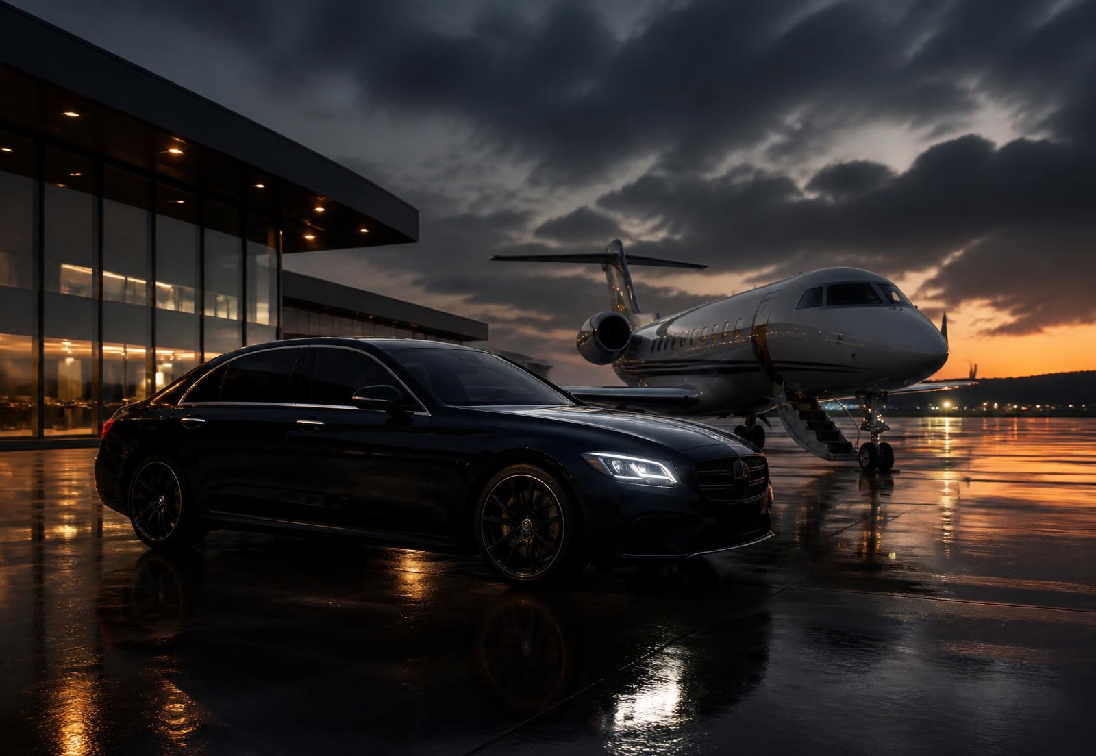 Chauffeur standing beside a black sedan on a private aviation ramp at dusk